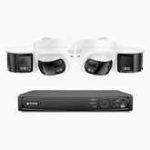 FDH800 - 4K 8 Kanal PoE Panorama Überwachungskamera-Set mit 2 Bullet Kameras & 2 Turm Kameras, zwei Objektiven, 180° Ultraweitwinkel, intelligenter Dual-Licht-Nachtsicht, Zwei-Wege-Audio, aktivem Sirenenton & Alarm, Personen- & Fahrzeugerkennung, IP67